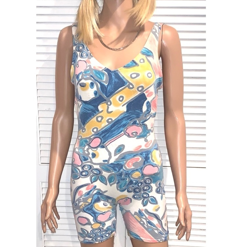 Vintage 80s Gilda Marx Colorful Abstract Print workout leotard biker Jane Fonda